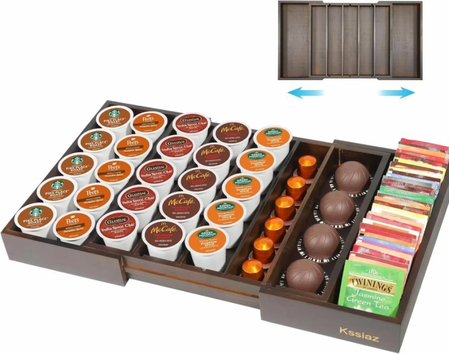 Kssiaz Bamboo Coffee Pod Holder Drawer Organizer - Compatible with Nespresso Vertuo & K-Cups, Fits 25-45 Capsules, Perfect for Coffee Station, Home Office & Kitchen Storage (Eco-Friendly)
