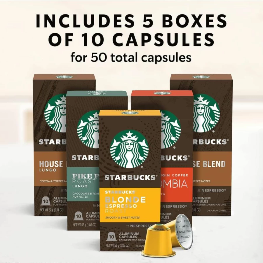Starbucks Espresso Pods Variety Pack for Nespresso Original Line - 50-Count Coffee Capsules
