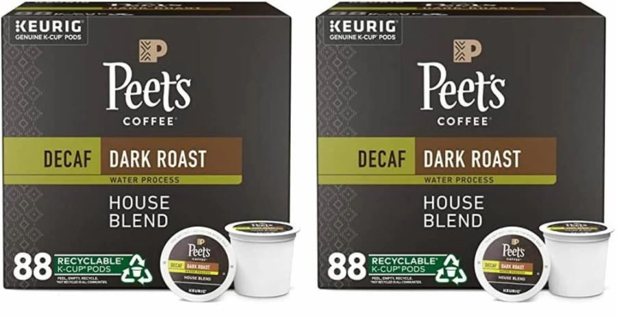 Peet's Coffee Decaf House Blend Dark Roast K-Cup Pods - 88 Count (4 Boxes of 22) for Keurig Brewers