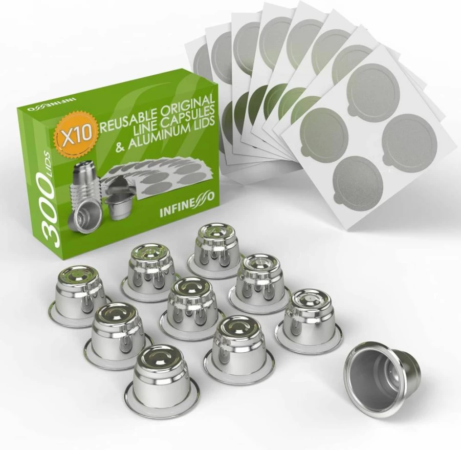 Infinesso 10 Pack Reusable Coffee Capsules for Nespresso OriginalLine Machines - Includes 300 Foil Lids & Refillable Pods, Eco-Friendly & BPA-Free