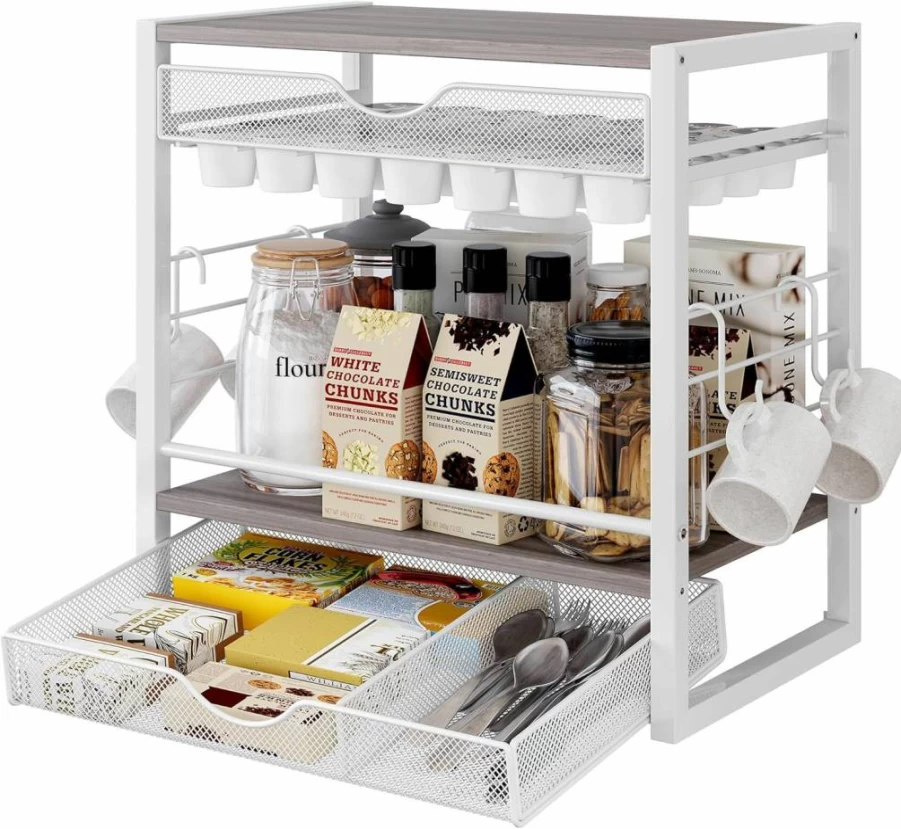 TQVAI Coffee Bar Station Organizer - 70 K-Cup Holder with Pull-Out Drawer, Mug Hooks & Storage for Coffee Pods, Tea Bags, Syrups - White Countertop Organizer