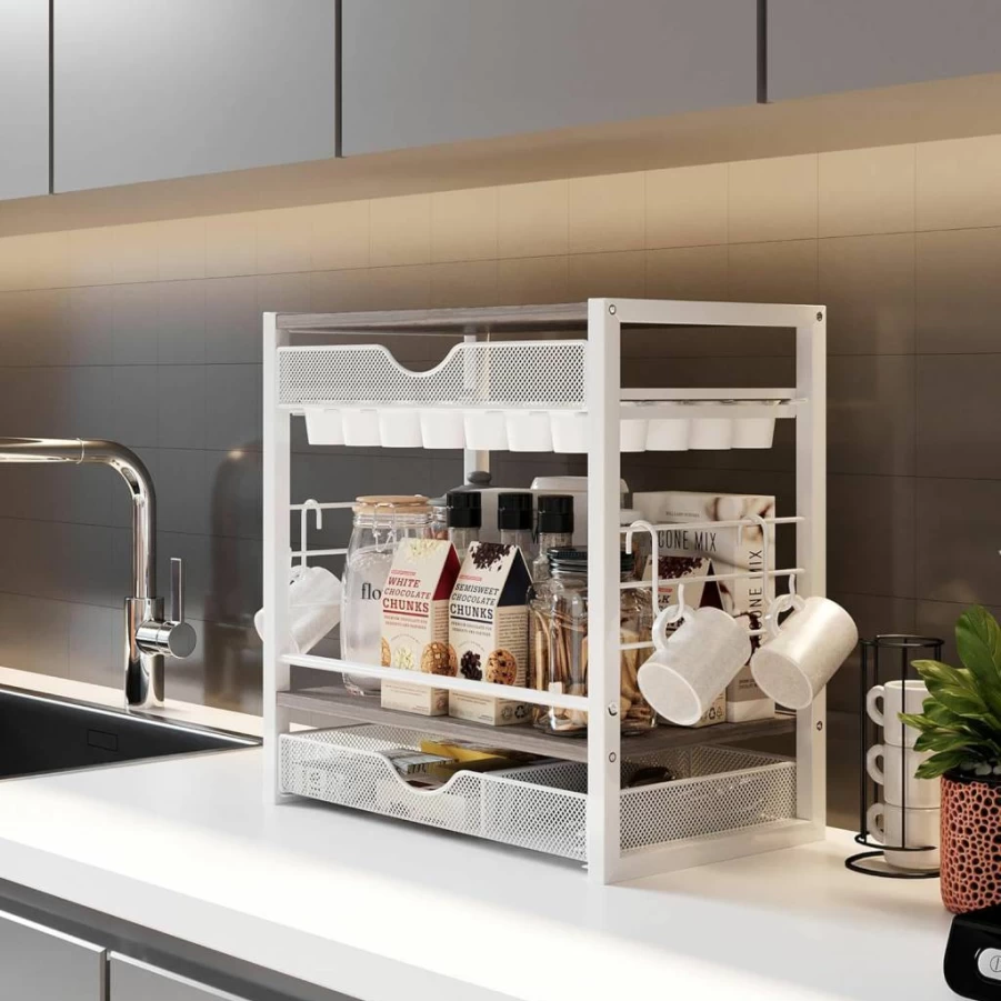 TQVAI Coffee Bar Station Organizer - 70 K-Cup Holder with Pull-Out Drawer, Mug Hooks & Storage for Coffee Pods, Tea Bags, Syrups - White Countertop Organizer