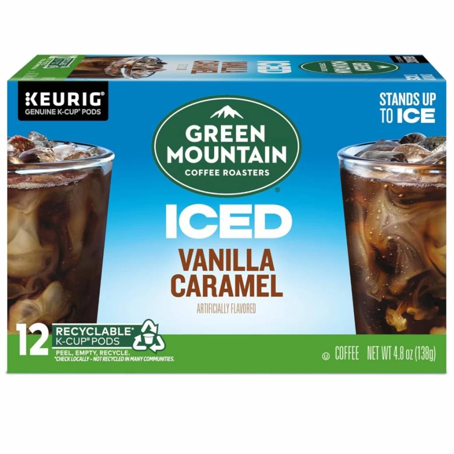 Green Mountain Coffee Roasters Iced Vanilla Caramel K-Cup Pods, Flavored Iced Coffee for Keurig Brewers, 12 Count Single Serve Pack