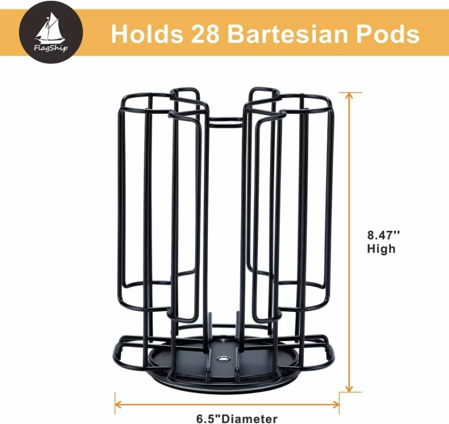 FlagShip 28-Capacity Black Metal Bartesian Cocktail Pod Carousel Holder - Space-Saving Counter Storage with Smooth Rotation