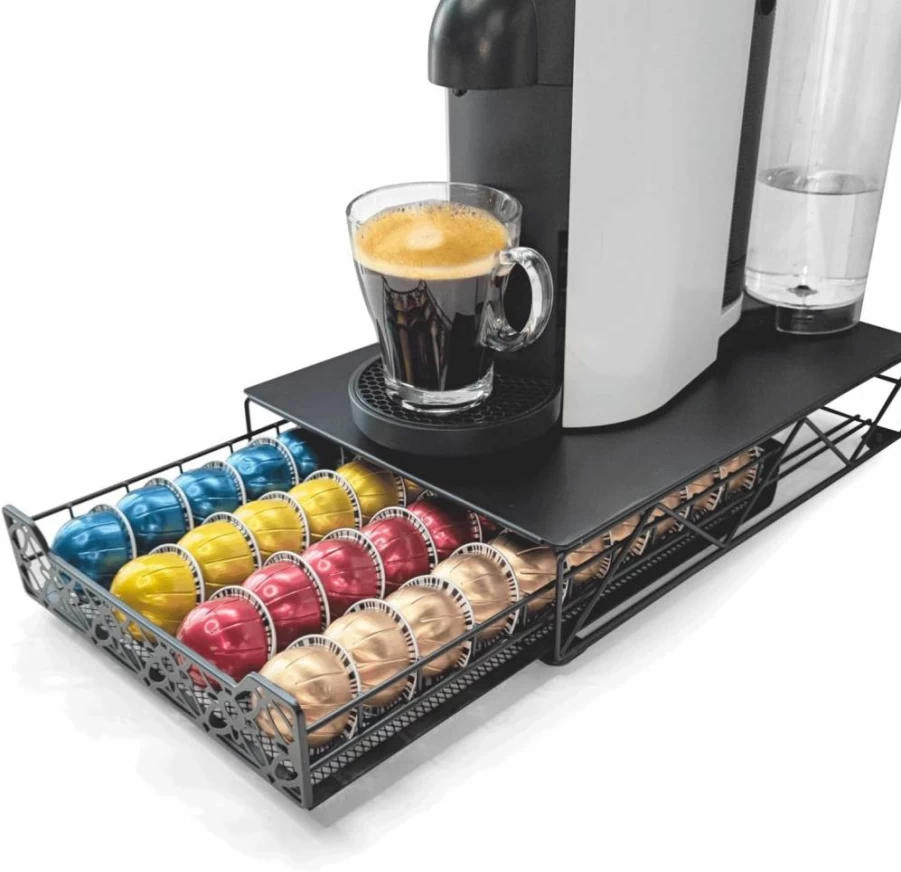 RECAPS Tempered Glass Coffee Pod Organizer Drawer - 40-Capacity Storage Holder for VertuoLine & VertuoLine Plus Machines (Pods Not Included)