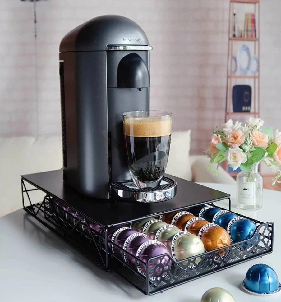 RECAPS Tempered Glass Coffee Pod Organizer Drawer - 40-Capacity Storage Holder for VertuoLine & VertuoLine Plus Machines (Pods Not Included)