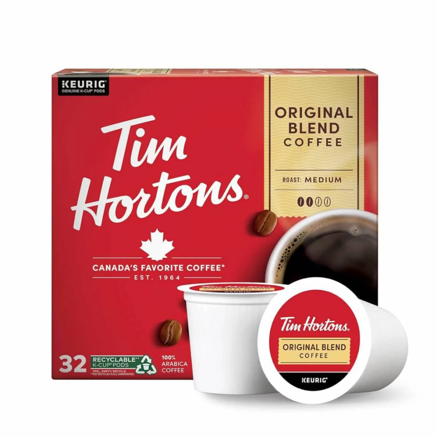 Tim Hortons Original Blend Medium Roast Coffee K-Cup Pods 32 Count, Compatible With Keurig Single-Serve Brewers, Red Packaging