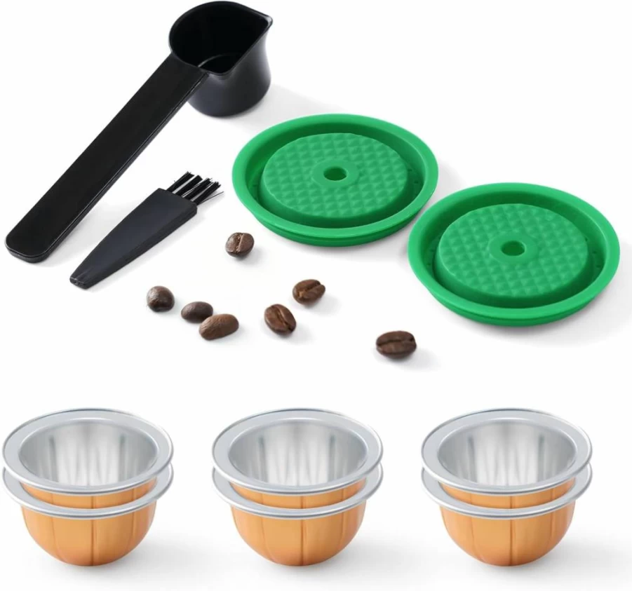 HAILASRE 2-Pack Reusable Coffee Capsule Lids with 6 Shells - 80/150/230mL Vertuo-Line Compatible, Food Grade Silicone Refillable Pods (Green)