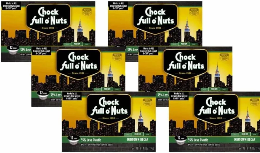 Chock Full O'Nuts Midtown Decaf Coffee Pods, 6 Single Serve Cups Case