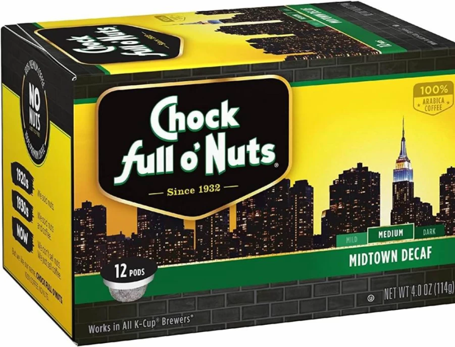 Chock Full O'Nuts Midtown Decaf Coffee Pods, 6 Single Serve Cups Case