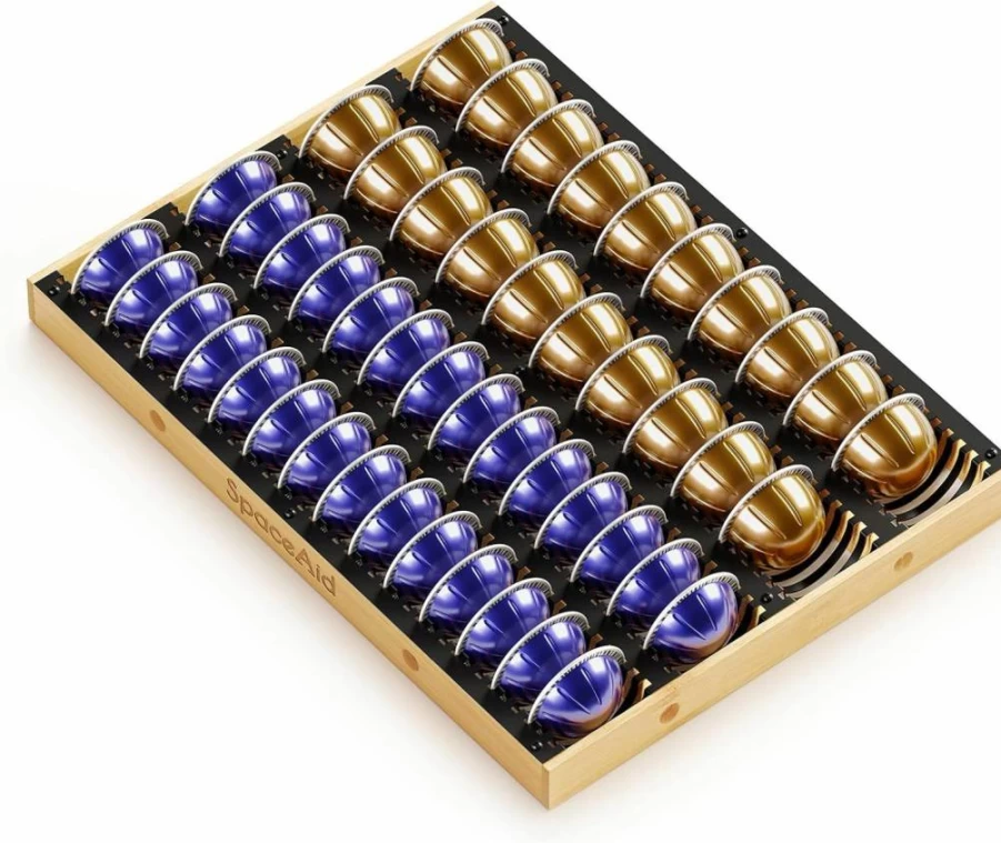 SpaceAid Bamboo Coffee Pod Organizer Drawer Insert for Nespresso Vertuo – Holds 40 Large or 52 Small VertuoLine Capsules, Storage Tray Compatible with Vertuo Next & Evoluo