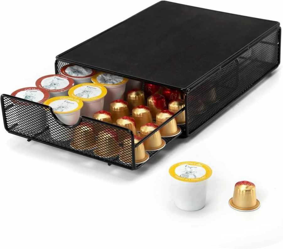 SYSYLY Coffee Pod Organizer – Compact K-Cup Storage Drawer Holds 20-35 Coffee Capsules, Black Countertop Holder for Keurig & OriginalLine Pods, Space-Saving Kitchen Accessory