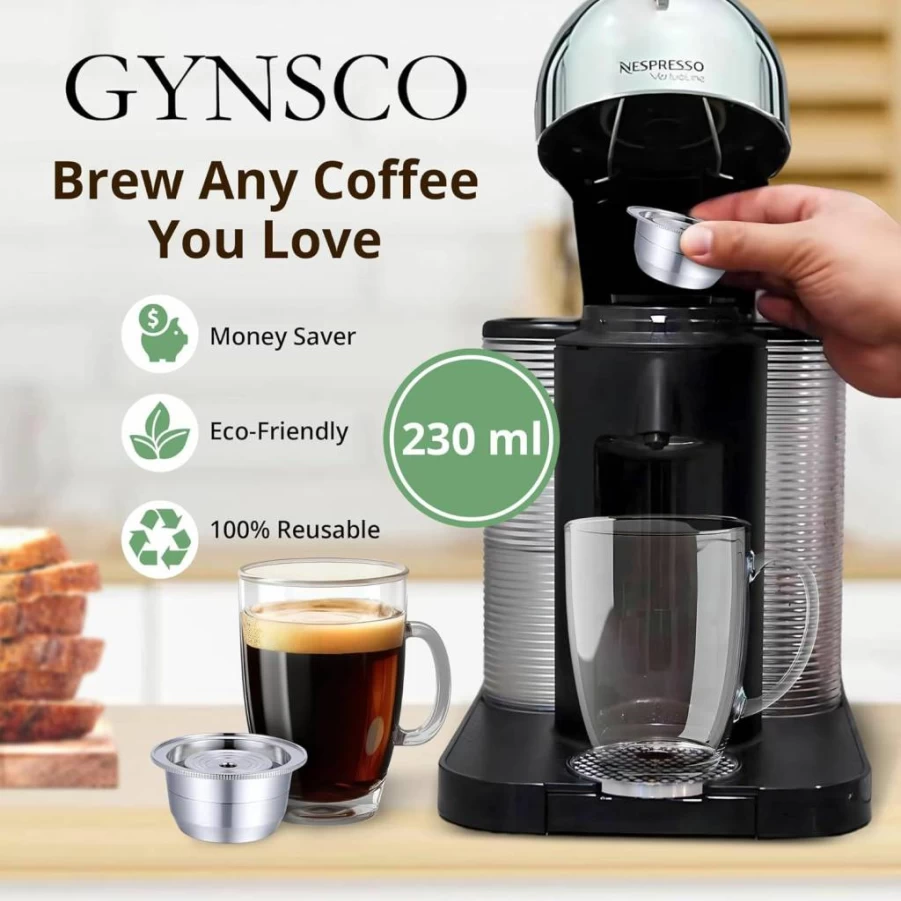 GYNSCO Reusable Stainless Steel Coffee Capsules for Nespresso VertuoLine & VertuoPlus - Refillable Vertuo Pods Compatible with GCA1, DeLonghi ENV135, ENV150 (7.7oz/230ml)