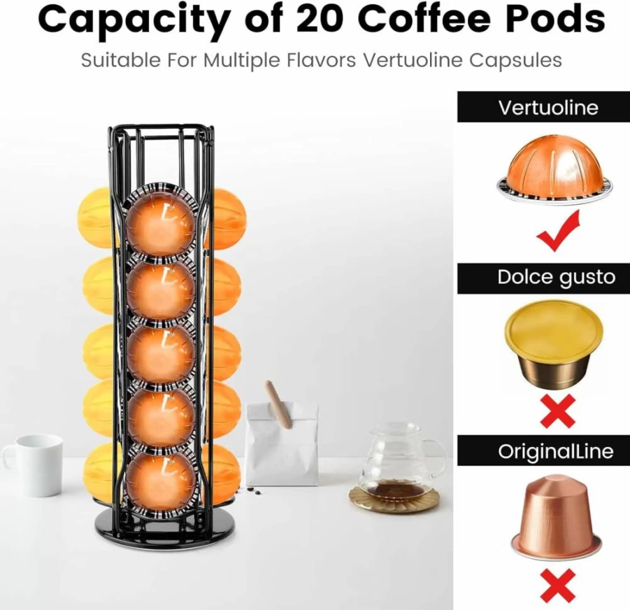 Pluzluce 360° Rotating Coffee Pod Holder for Nespresso Vertuo Line - 20 Capsule Organizer Rack, Spinning Storage Stand for Vertuoline Pods, Coffee Bar Accessory