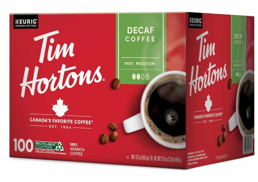 Tim Hortons Decaf Medium Roast Coffee K-Cup Pods 100 Count, Compatible with Keurig Single-Serve Brewers