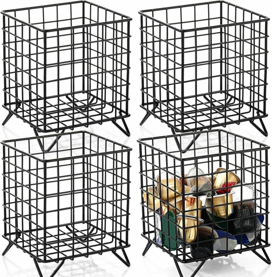 Zubebe 4-Pack Large Metal Coffee Pod Organizer – 5.3 x 5.3 x 6.3 Inch Black Wire Storage Basket for Nespresso Capsules