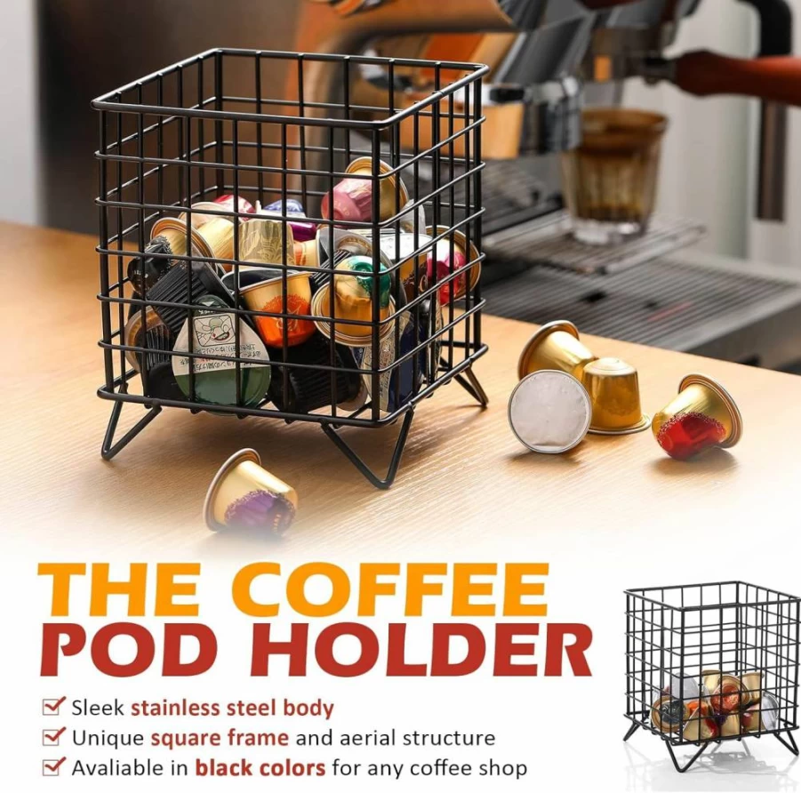 Zubebe 4-Pack Large Metal Coffee Pod Organizer – 5.3 x 5.3 x 6.3 Inch Black Wire Storage Basket for Nespresso Capsules