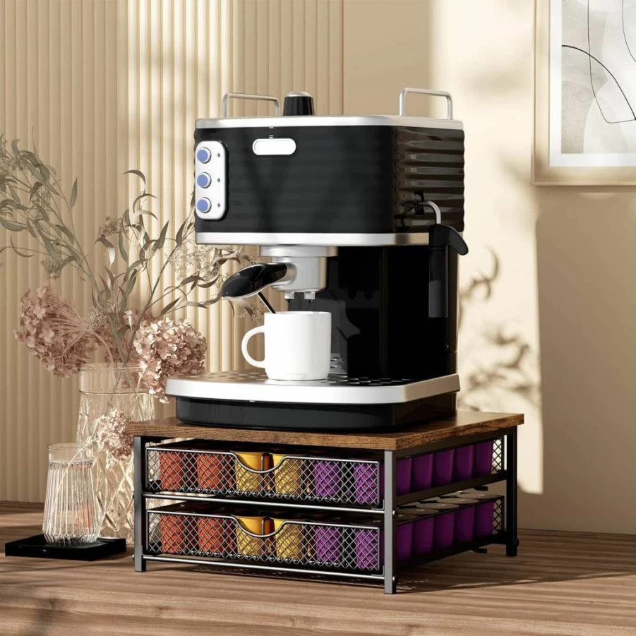 CADUKE 2-Tier Coffee Pod Organizer with Drawer - 72 K-Cup Storage Holder, Industrial Brown & Black Capsule Drawer for Keurig