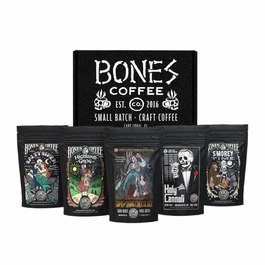 Bones Coffee Company 5-Pack Medium Roast Low Acid Flavored Ground Coffee Gift Set, 4 Oz Each, Variety Sampler