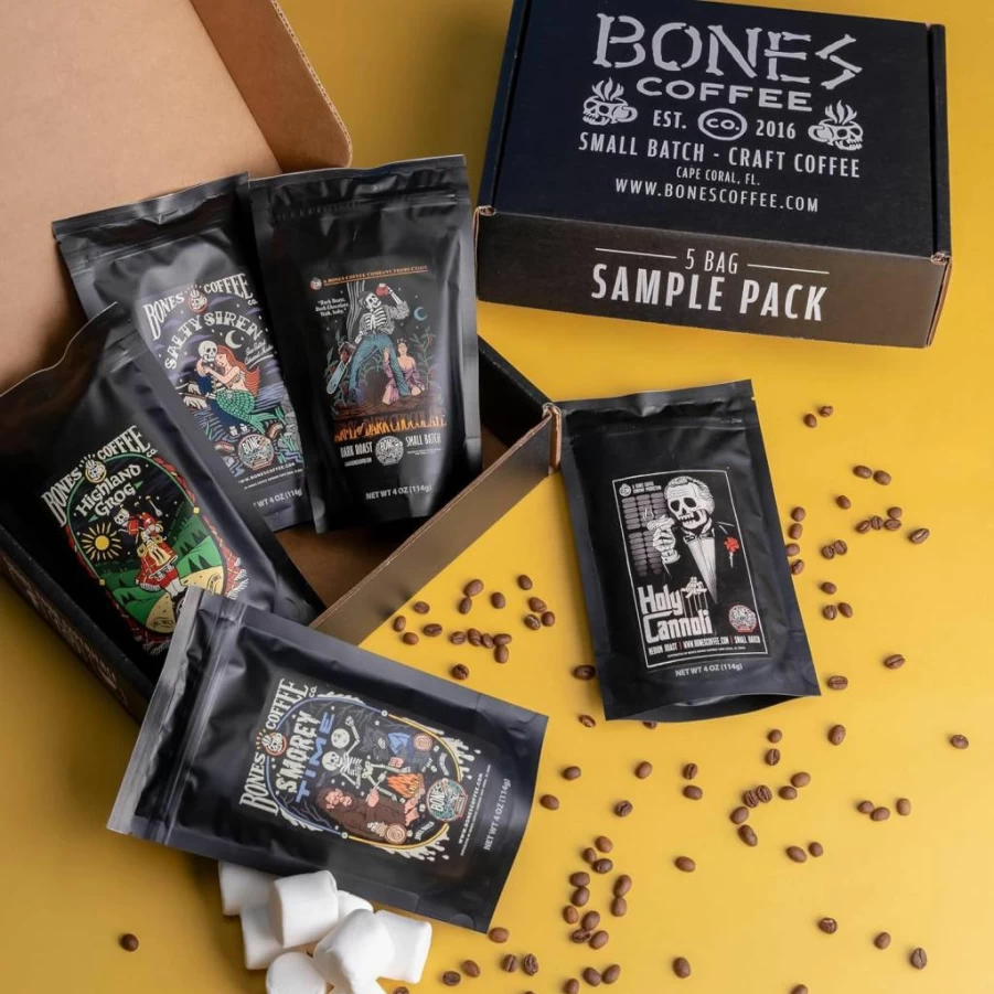 Bones Coffee Company 5-Pack Medium Roast Low Acid Flavored Ground Coffee Gift Set, 4 Oz Each, Variety Sampler