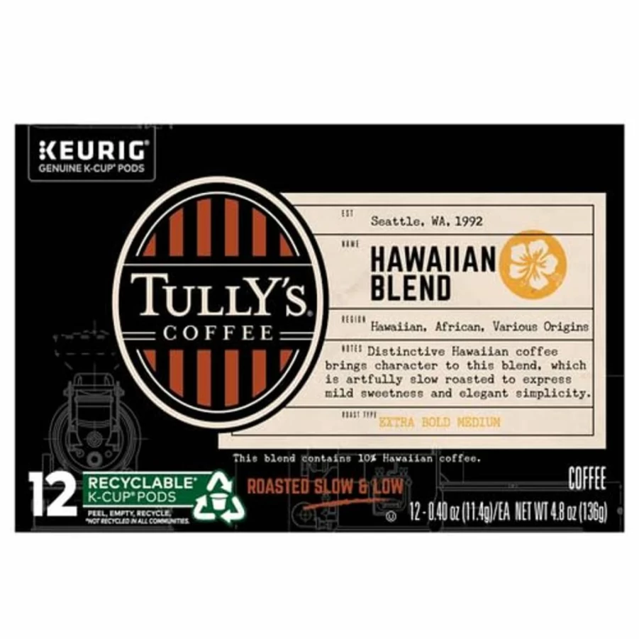 TULLY'S Hawaiian Blend Medium Roast Coffee Pods for Keurig Brewers, Single-Serve K-Cups, 12 Count Pack