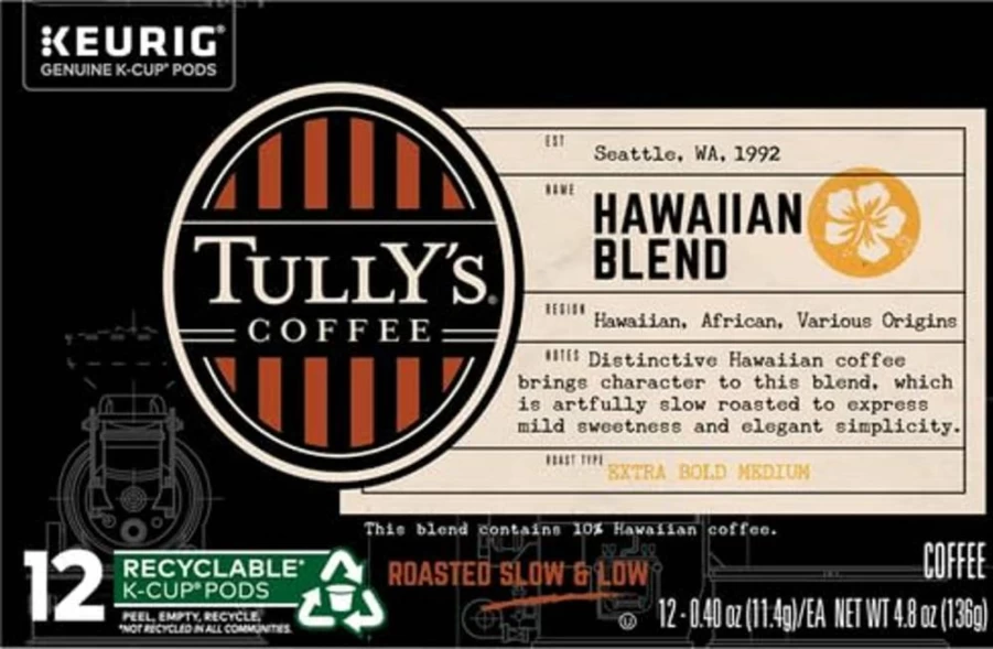TULLY'S Hawaiian Blend Medium Roast Coffee Pods for Keurig Brewers, Single-Serve K-Cups, 12 Count Pack