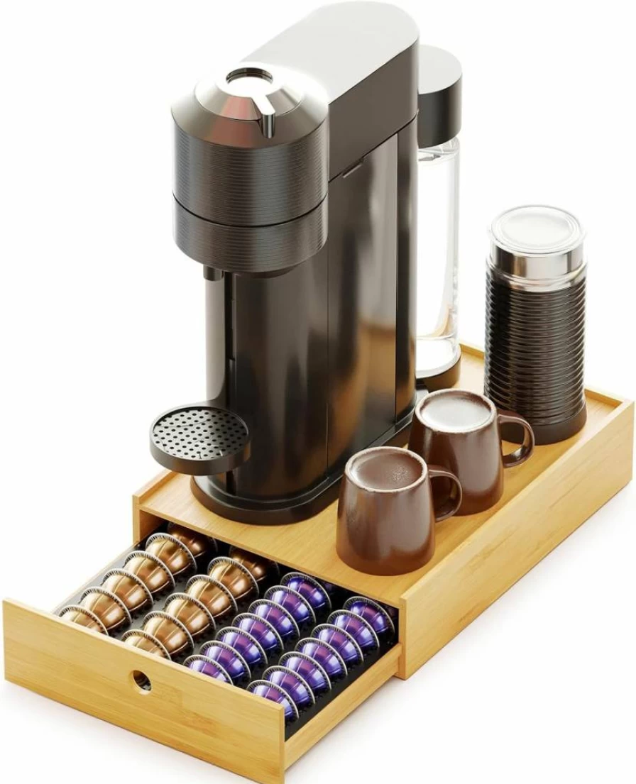SpaceAid Bamboo Coffee Pod Organizer for Nespresso Vertuo – Holds 40 Large or 56 Small Capsules, Natural Drawer Storage Tray