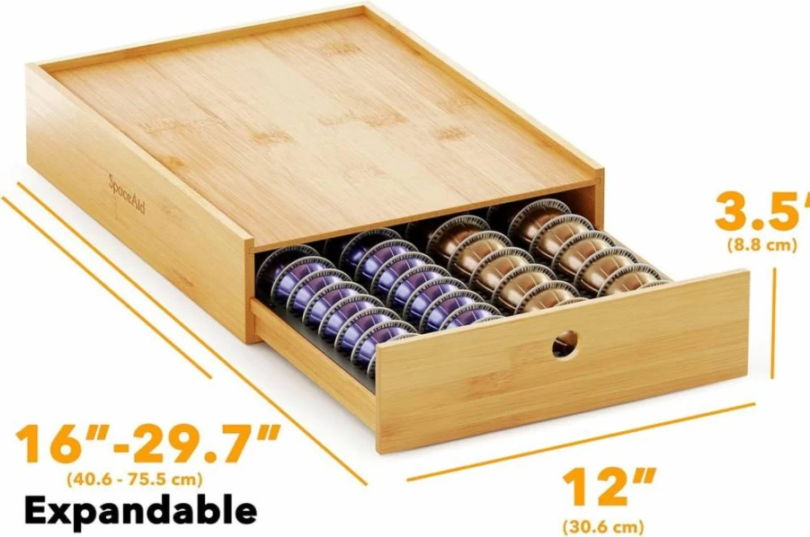SpaceAid Bamboo Coffee Pod Organizer for Nespresso Vertuo – Holds 40 Large or 56 Small Capsules, Natural Drawer Storage Tray