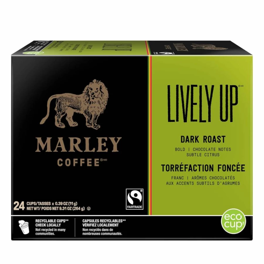 Marley Coffee Lively Up Dark Roast, Fairtrade Certified K-Cup Pods, 24 Count, Compatible with Keurig Brewers