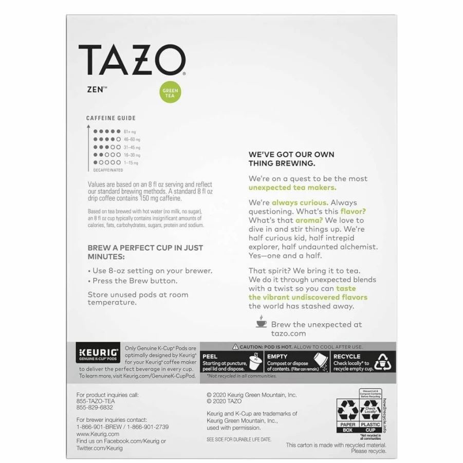 TAZO Zen Green Tea K-Cups for Wellness, 22 Count - Herbal Blend with Lemongrass & Spearmint
