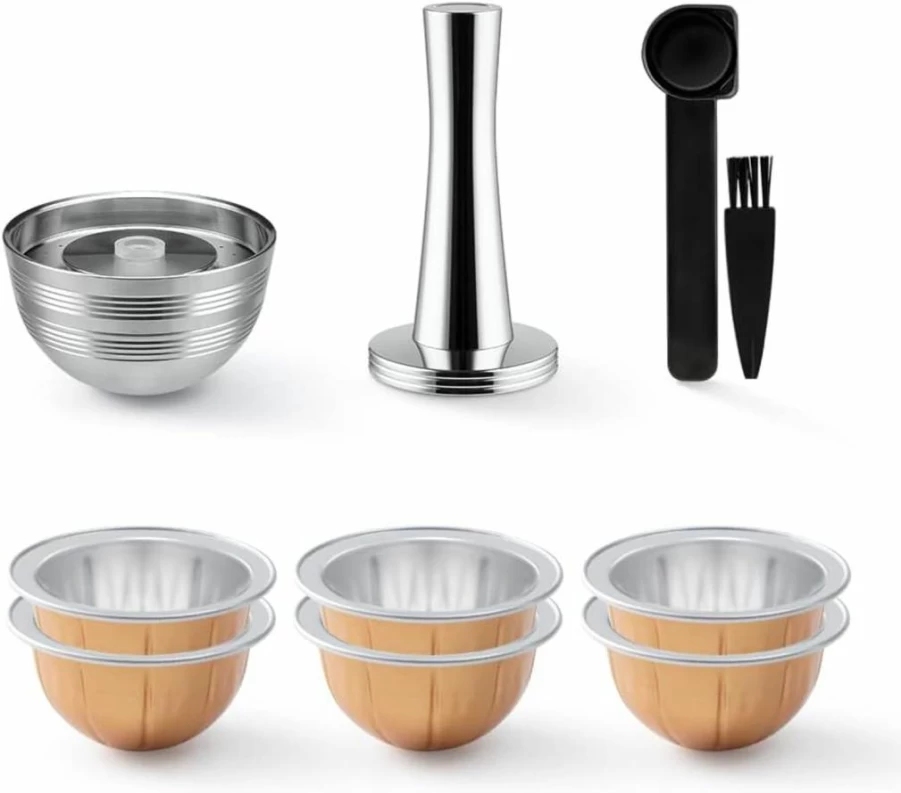 BENFUCHEN Reusable Stainless Steel Coffee Capsules for Nespresso Vertuo Next & VertuoLine – 2 Pack Refillable Pods + 1 Coffee Tamper – 80ml, 150ml, 230ml Sizes