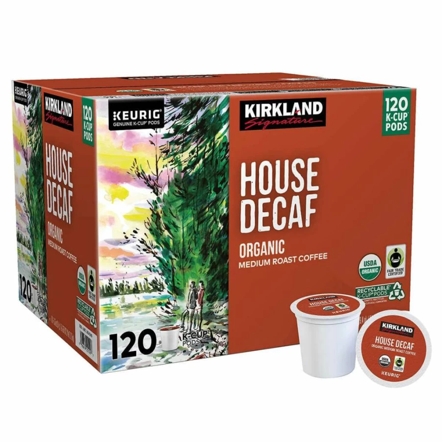 KIRKLAND Signature Organic Decaf Coffee K-Cups, 120 Count, Single Pack, House Blend, Keurig Compatible Pods