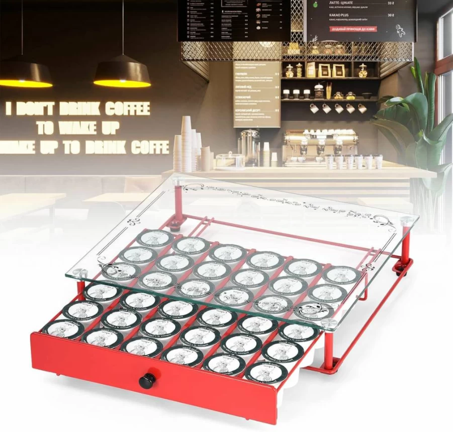 Lycklig Coffee Pod Organizer with Tempered Glass Top - 36 K-Cup Storage Drawer for Kitchen Counter, Office, or Shop (14x13x3 Inches)