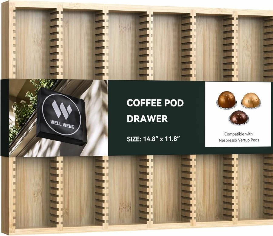 WELL WENG Expandable Bamboo Drawer Organizer for Nespresso Vertuo Pods & Tea Bags - Countertop Storage Holder, Natural