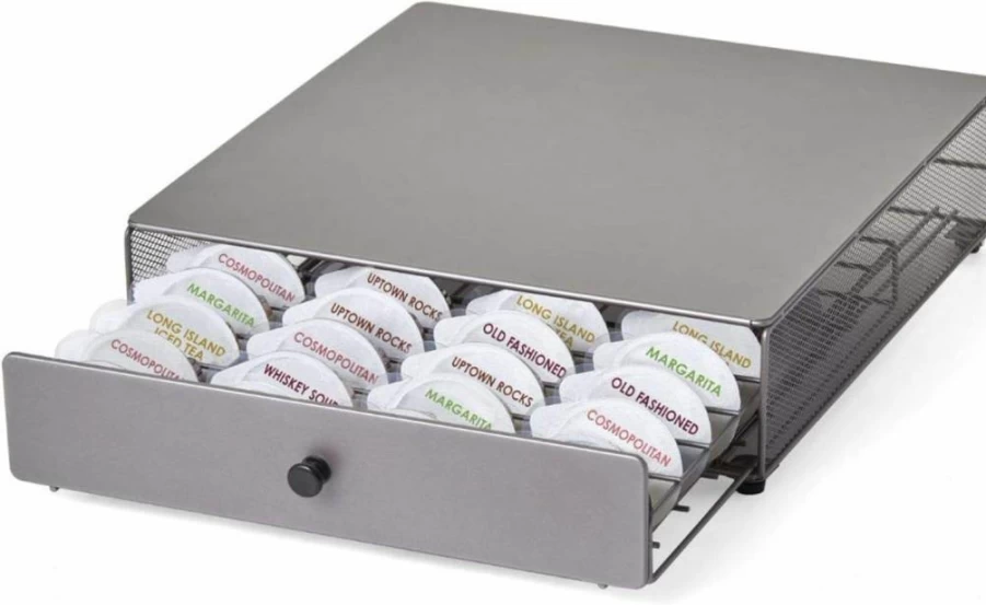 Nifty Solutions Bartesian Capsule Drawer – Holds 36 Cocktail Pods, Smooth Gliding Silver Countertop Organizer for Bar Accessories