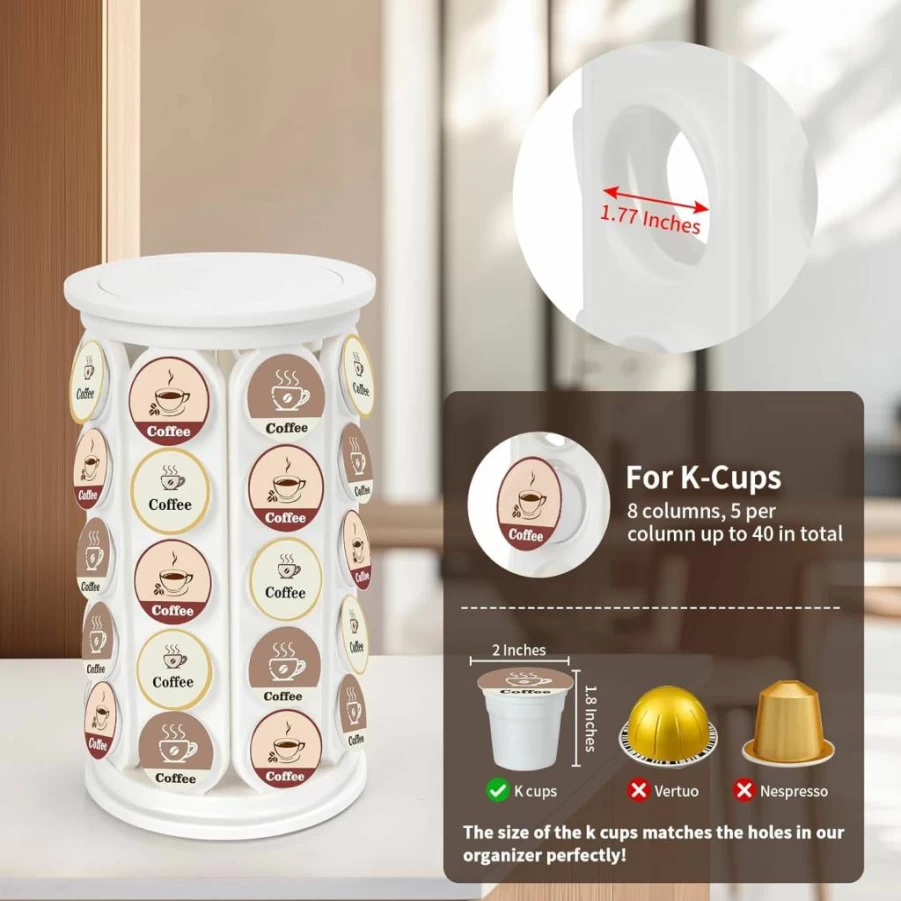 SAVORLIVING 40-Cup K-Cup Holder Carousel - Modern Detachable Coffee Pod Organizer for Keurig, Kitchen, Office Countertop (White)