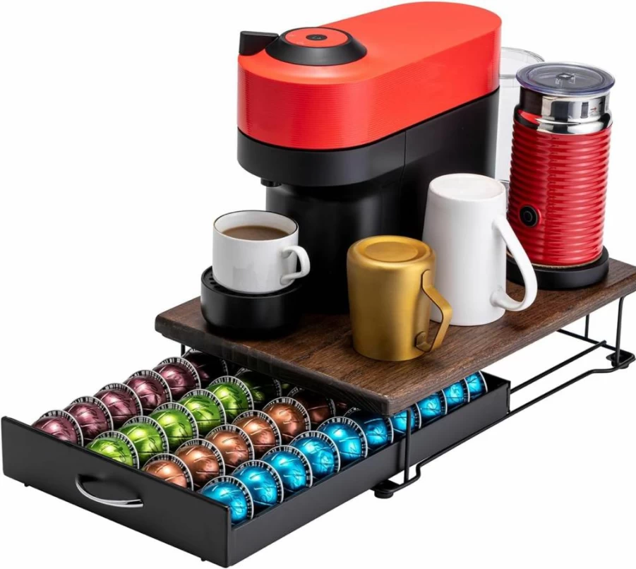 Flagship Nespresso Vertuo Pod Holder - 40 Capsule Organizer with Wood Top, Modern Coffee Machine Stand for VertuoLine Pods