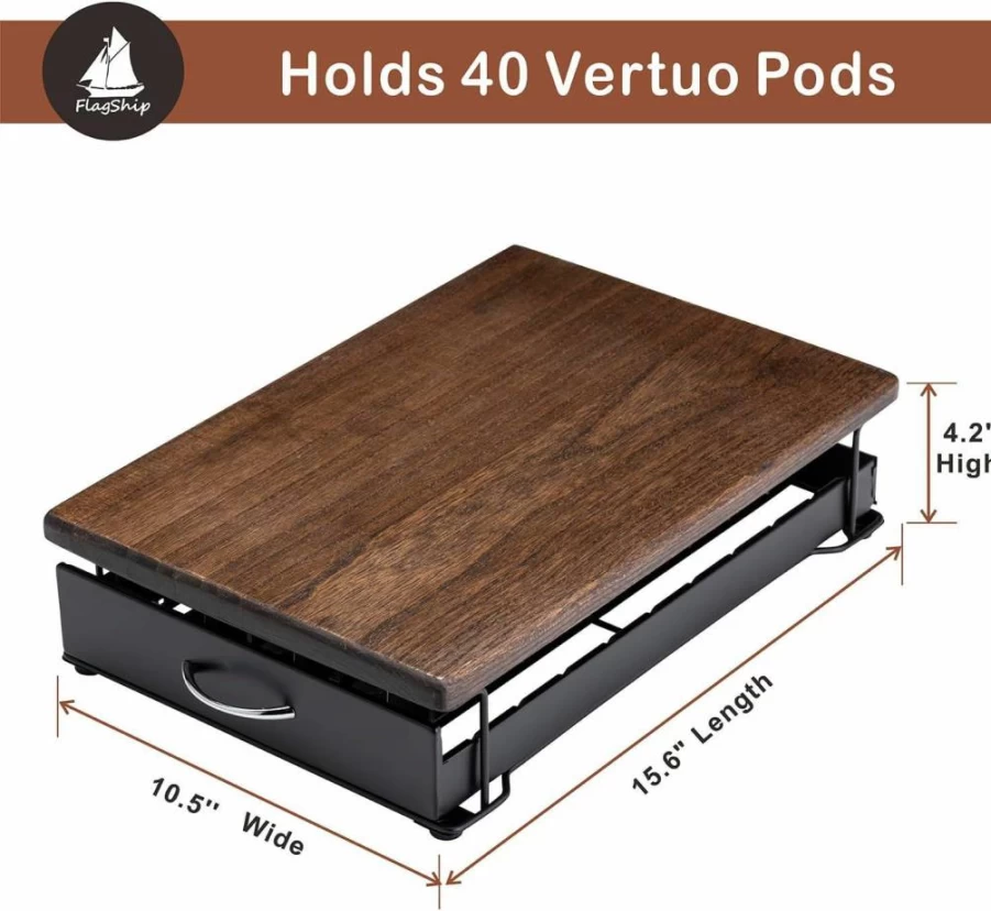 Flagship Nespresso Vertuo Pod Holder - 40 Capsule Organizer with Wood Top, Modern Coffee Machine Stand for VertuoLine Pods