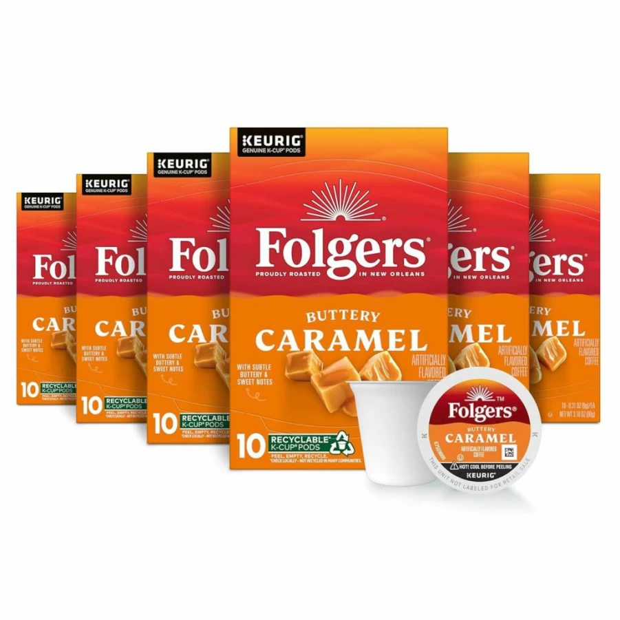 Folgers Buttery Caramel Flavored Coffee K-Cup Pods - 72 Count for Keurig Brewers, Rich & Smooth Medium Roast