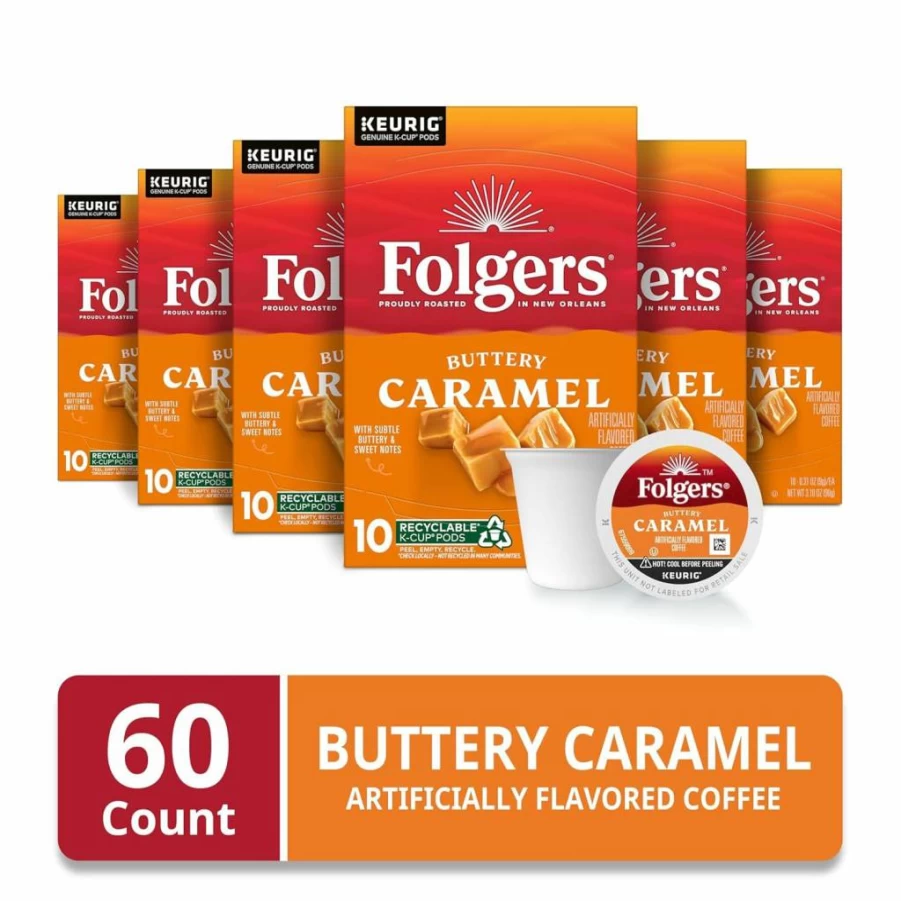 Folgers Buttery Caramel Flavored Coffee K-Cup Pods - 72 Count for Keurig Brewers, Rich & Smooth Medium Roast