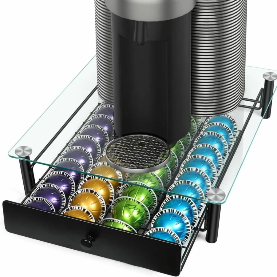 ROWISE Crystal Tempered Glass Coffee Pod Holder - 40-Capsule Storage Drawer for Nespresso Compatible Machines, 13x14.7x3.5 Inch Modern Kitchen Organizer