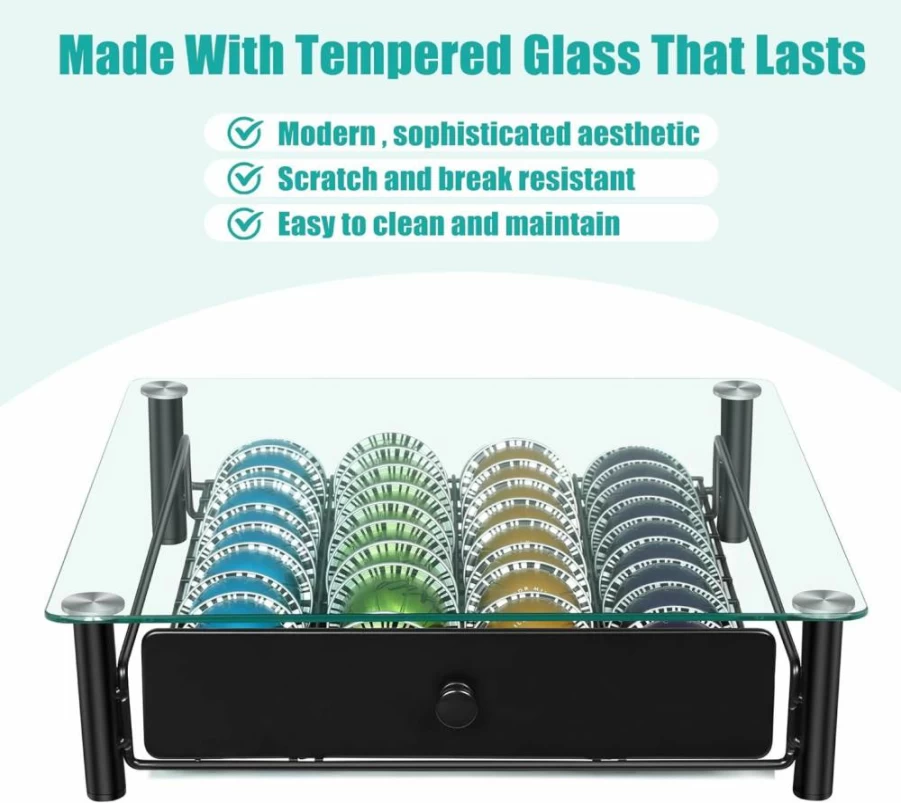 ROWISE Crystal Tempered Glass Coffee Pod Holder - 40-Capsule Storage Drawer for Nespresso Compatible Machines, 13x14.7x3.5 Inch Modern Kitchen Organizer