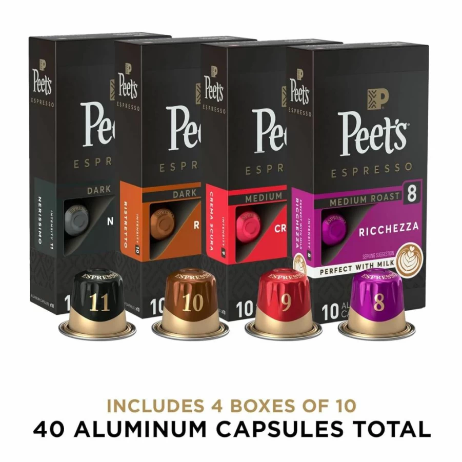 Peet's Coffee Dark & Medium Roast Espresso Capsules Variety Pack for Nespresso Original Machines - 40 Pods (4x10) Intensity 8-11