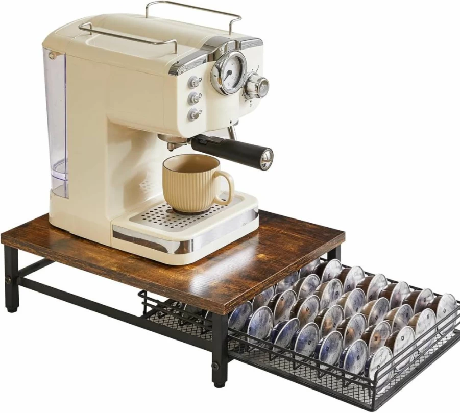 IBUYKE Coffee Pod Organizer for Nespresso Vertuo – 40 Capsule Holder with Wooden Top & Mesh Shelves, Rustic Brown Counter Storage for Home Kitchen & Coffee Bar – Model TCJ101H