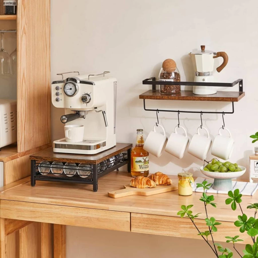 IBUYKE Coffee Pod Organizer for Nespresso Vertuo – 40 Capsule Holder with Wooden Top & Mesh Shelves, Rustic Brown Counter Storage for Home Kitchen & Coffee Bar – Model TCJ101H