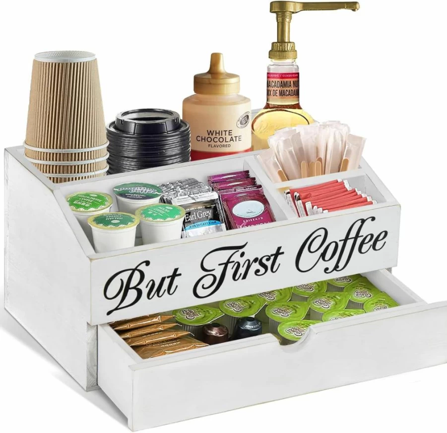 ANRXNCY Wooden Coffee Station Organizer with Drawer - K-Cup Pods & Tea Bag Holder, Countertop Storage for Condiments, Stylish Home Decor & Gift for Coffee Lovers