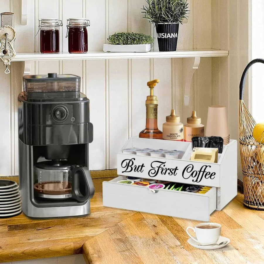 ANRXNCY Wooden Coffee Station Organizer with Drawer - K-Cup Pods & Tea Bag Holder, Countertop Storage for Condiments, Stylish Home Decor & Gift for Coffee Lovers