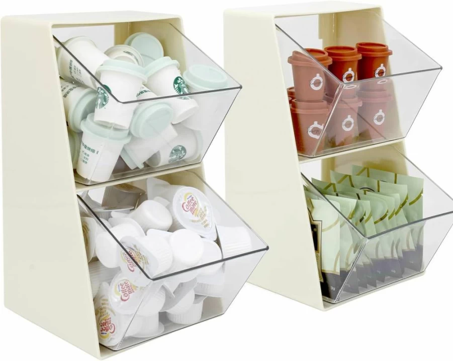 Bokelai Coffee Pod Organizer with 2 Large Baskets – K-Cup Storage Container, Tea Bag & Creamer Holder – Plastic Desk Organizer for Coffee Bar (Creamy White/Clear)