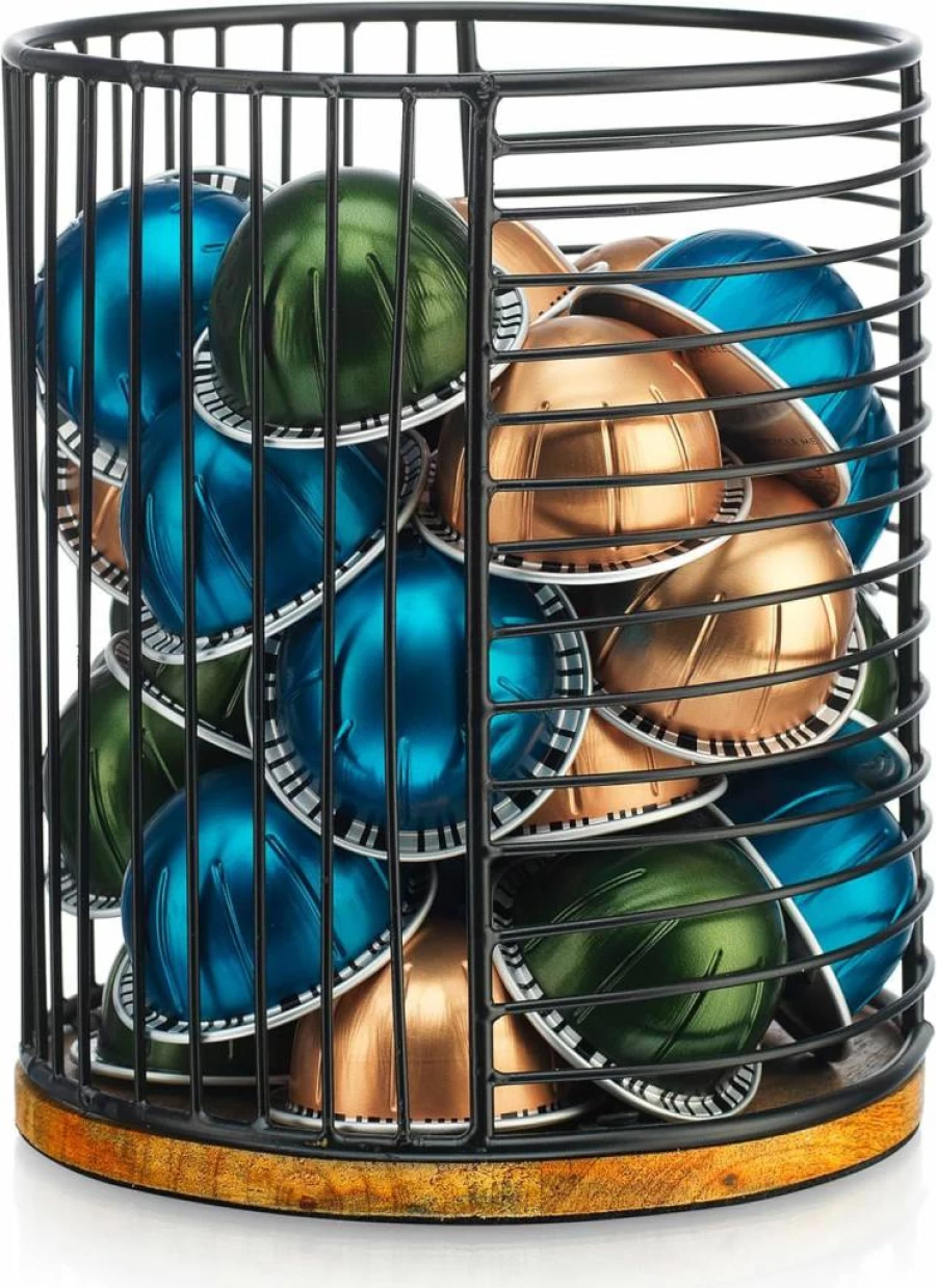 MosJos Metal & Wood Coffee Pod Organizer - Countertop Wire Basket Storage Holder for Nespresso Capsules (89356)