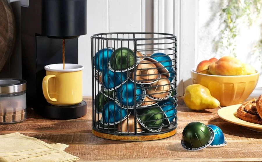MosJos Metal & Wood Coffee Pod Organizer - Countertop Wire Basket Storage Holder for Nespresso Capsules (89356)